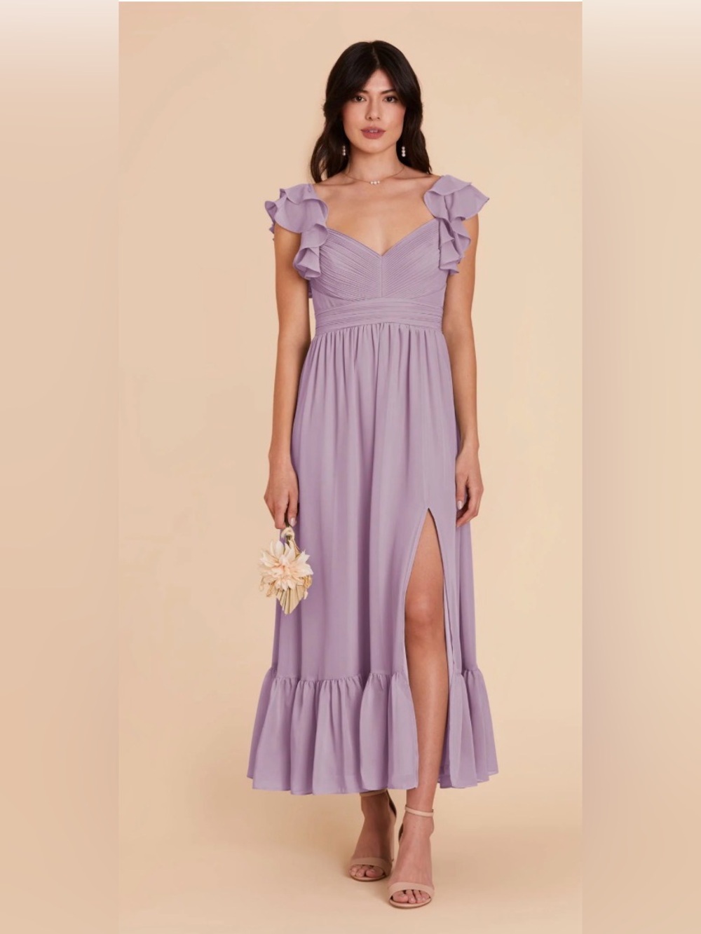 Lavender Ruffle-Sleeve Maxi Dress with Side Slit